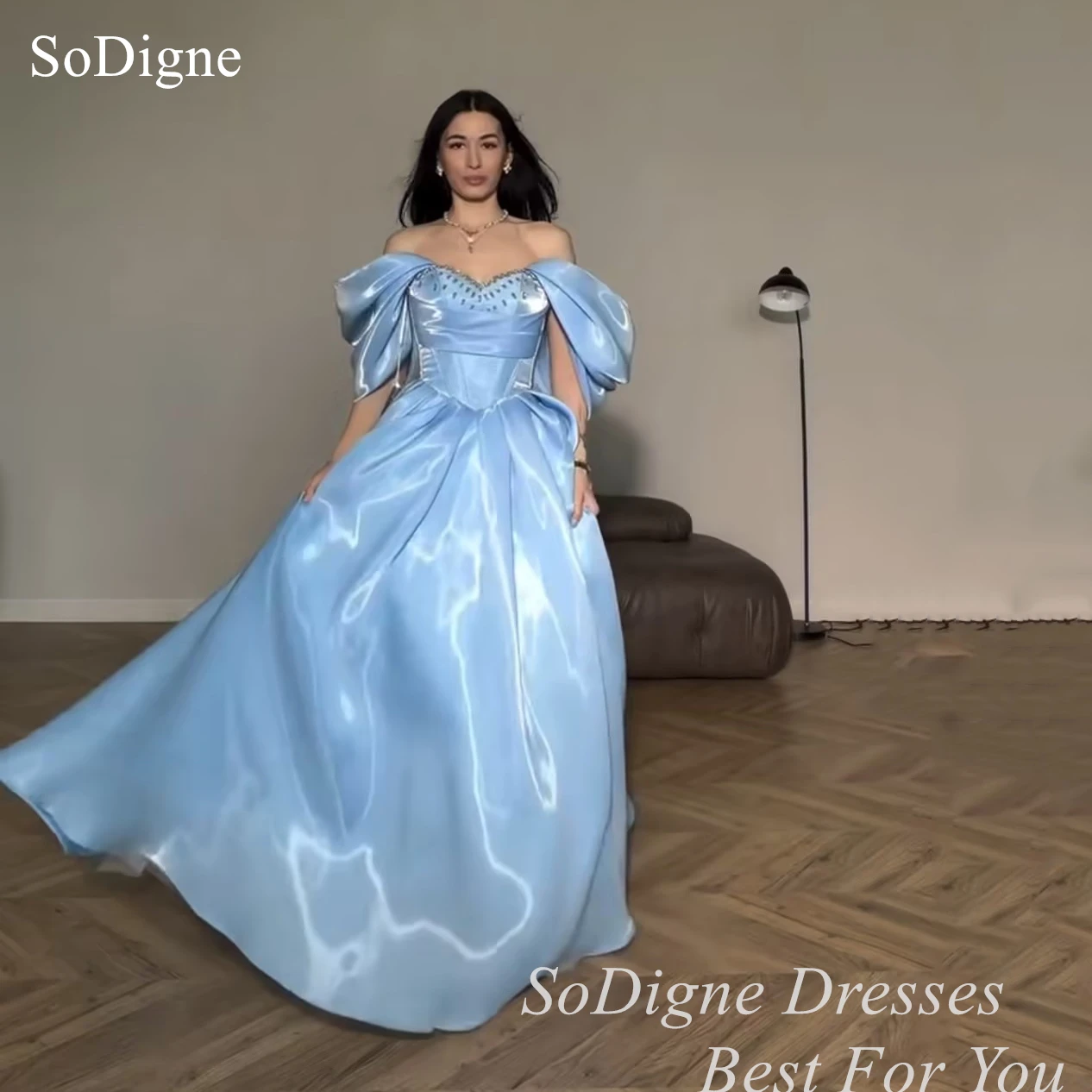 SoDigne Exquisite Liquid Organza Evening Dresses Off The Shoulder Beading Party Dress Sleeveless A-Line Prom Gowns Customized