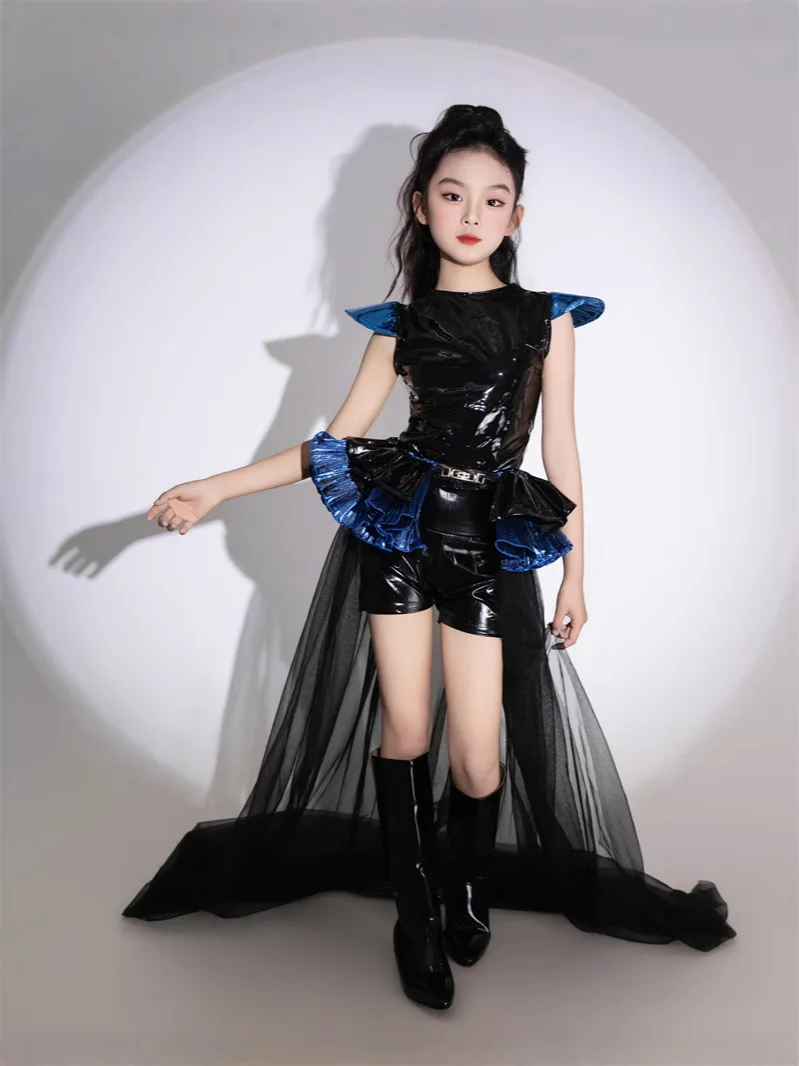 Girls' trendy motorcycle style leather suit set 7 punk future blue dragon feeling runway show outfit new