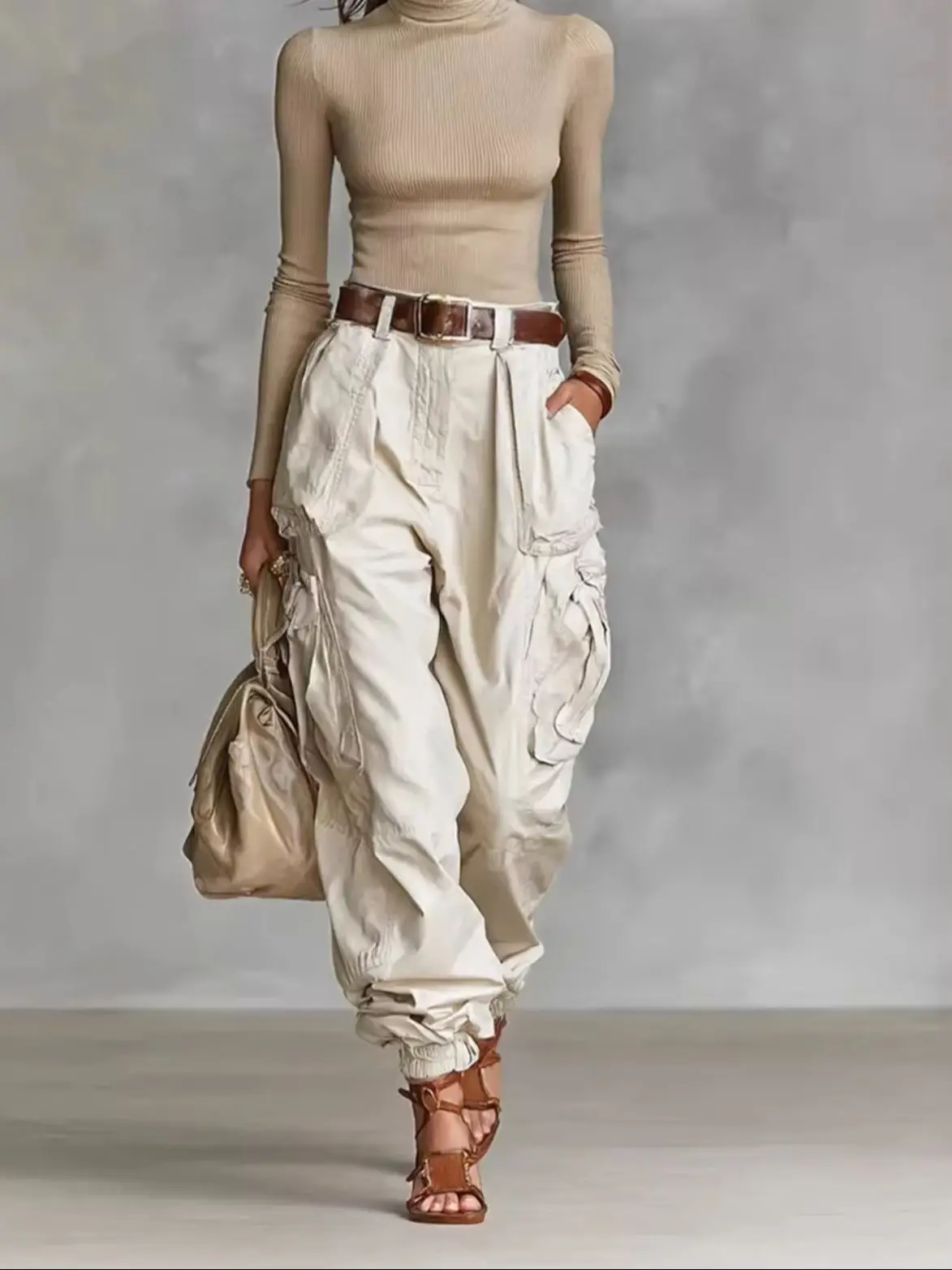 Women Cargo Pants 2026 New High Waist Multi‑Pocket Baggy Jogger Trousers Vintage Drawstring Hem Streetwear Autumn Winter