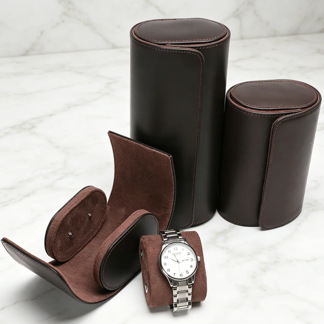 High-grade Brown First-layer Real Cowhide Watch Box 1-2-3-bit Travel Portable Watch Storage Box Magnetic Button Watch Roll Box