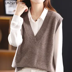 LHZSYY Autumn New 100%Pure Wool Knit Waistcoat Women V-Neck Pullovers Large Size Sleeveless Sweater Loose Vest Blouse Base Shirt