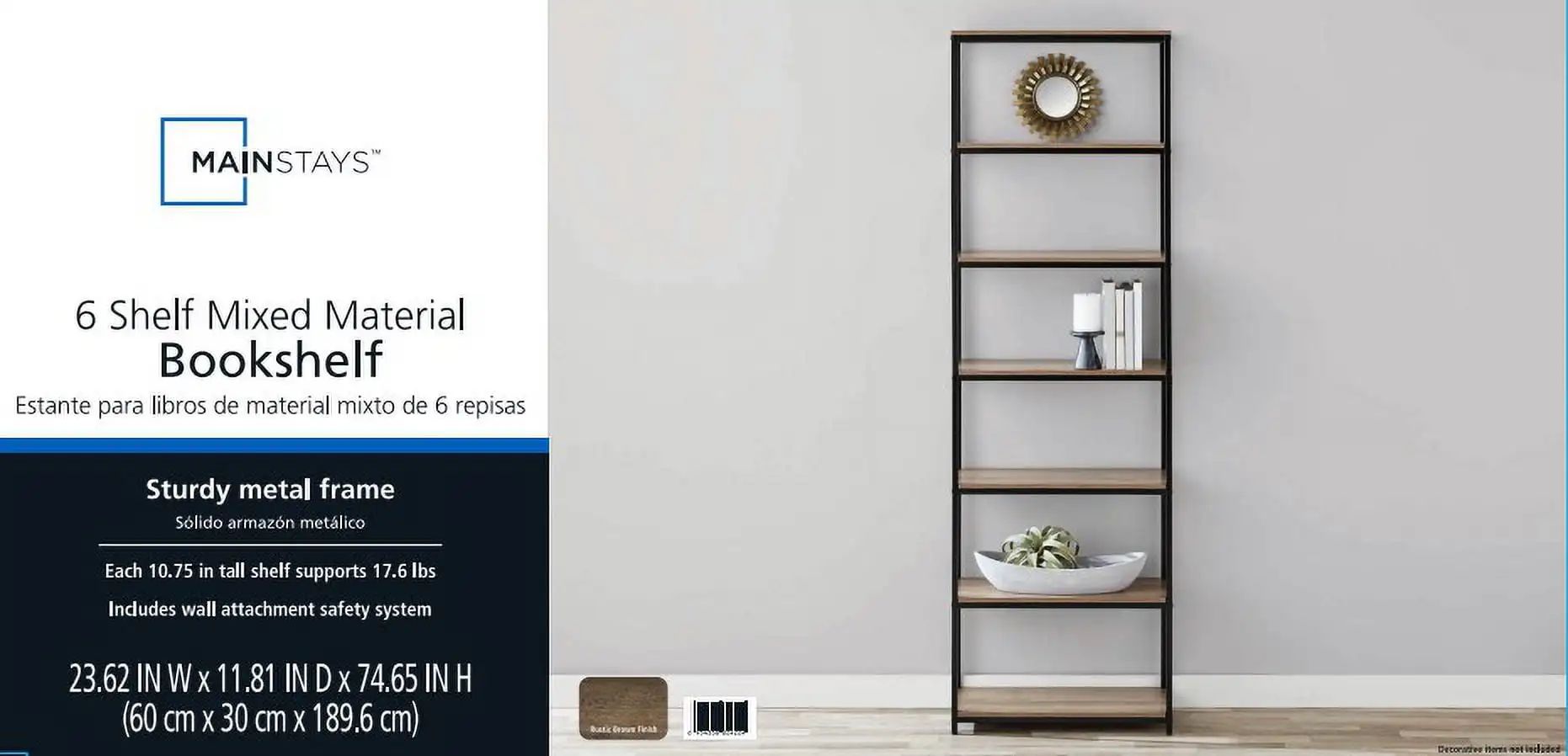 6-Shelf Metal Frame Bookcase, Rustic Brown