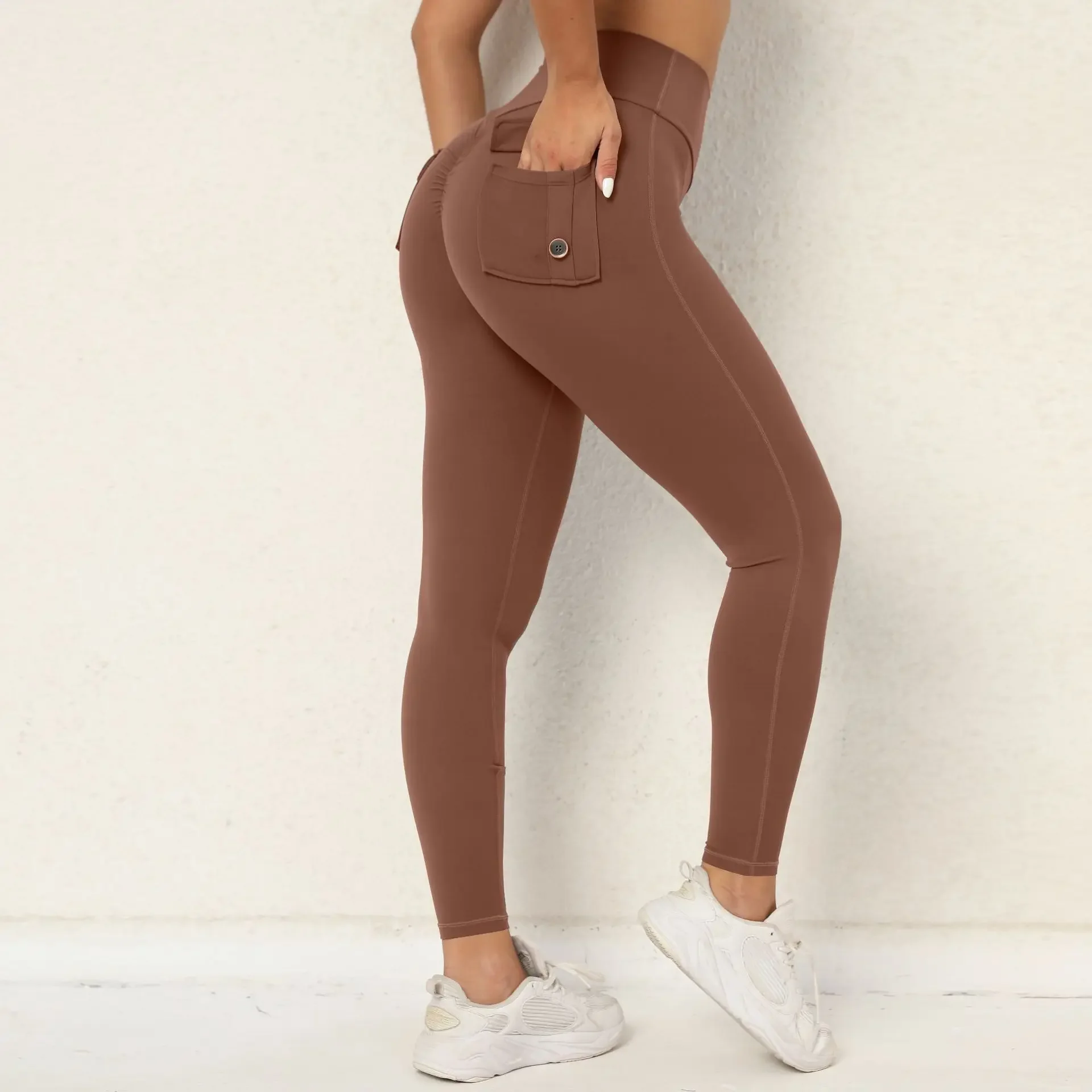 Pocket Leggings Women Push Up Women Pants High Waist Lycra Gym Sports Tights Fitness Clothing Sport Femme Mujer Beige Brown Body