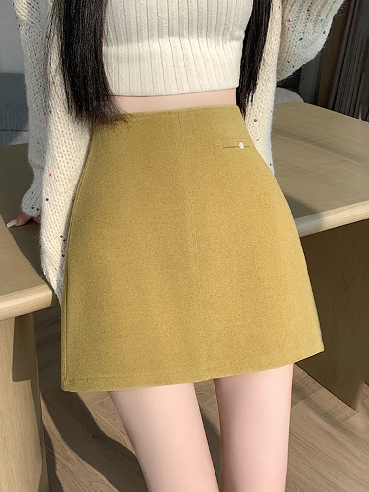레트로 하이웨이스트 슬림핏 울 스커트 여성 겨울 신상 슬레 랩어라운드 스커트 힙 커버 A라인 스커트