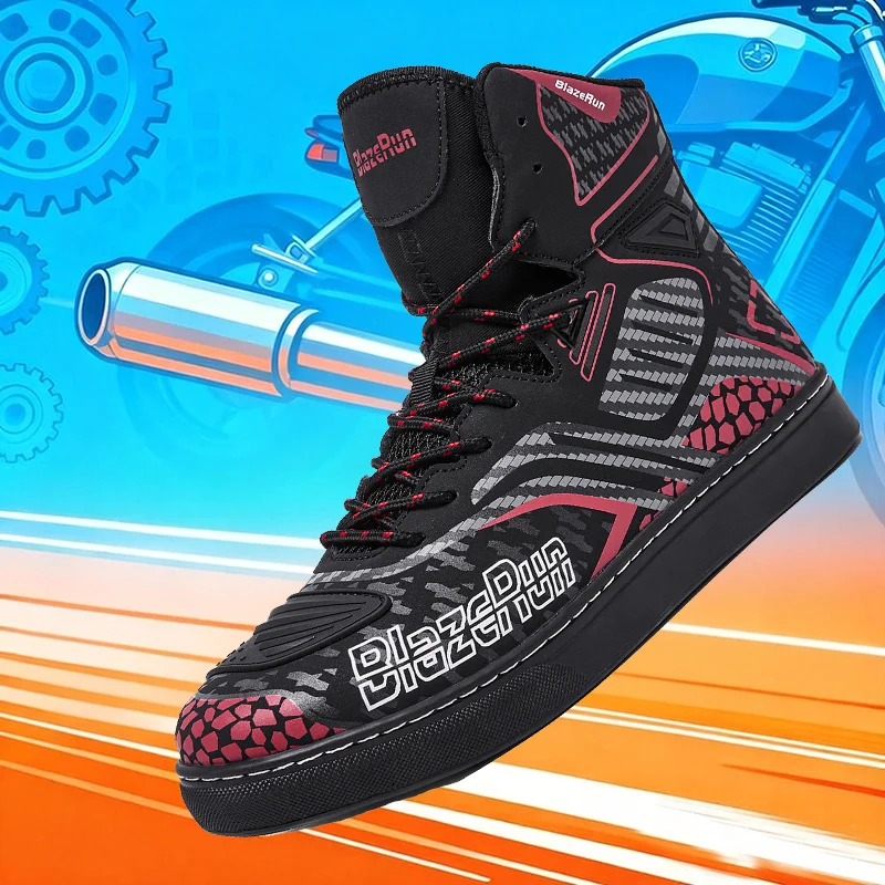 Men Motorcycle Boots Breathable Anti-fall Rider Road Racing Casual Shoes Boots Gear Shift Rubber Sole Reflective Motorbike Shoes