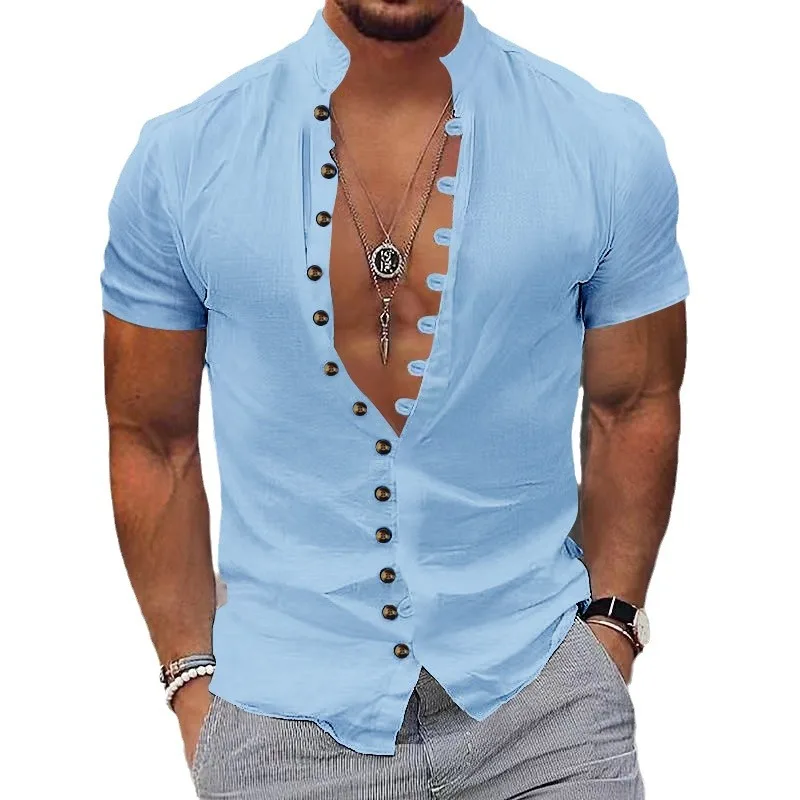 Retro Cotton Men's Casual Short-sleeved shirt Summer Loose Men Solid color Beach shirt 2025 Hawaiian stand-up collar T-shirt - Image 5