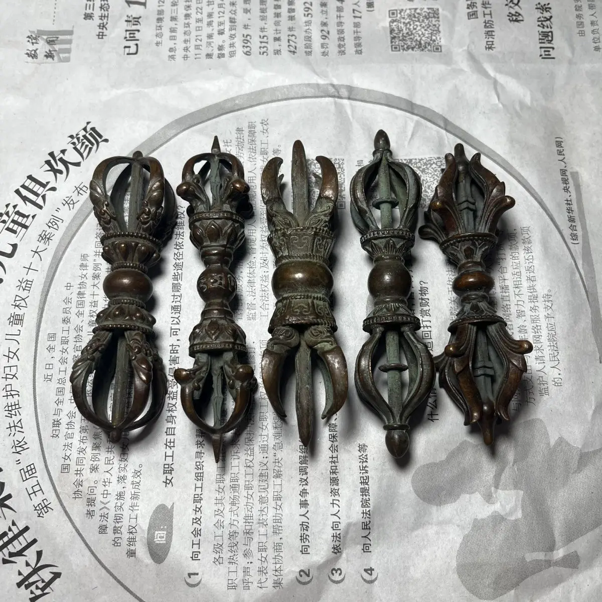 Old Tibetan Collection Five-pronged Diamond Pestle Esoteric Dharma Device Fine Copper Craft Decorative Statue Display Ornament