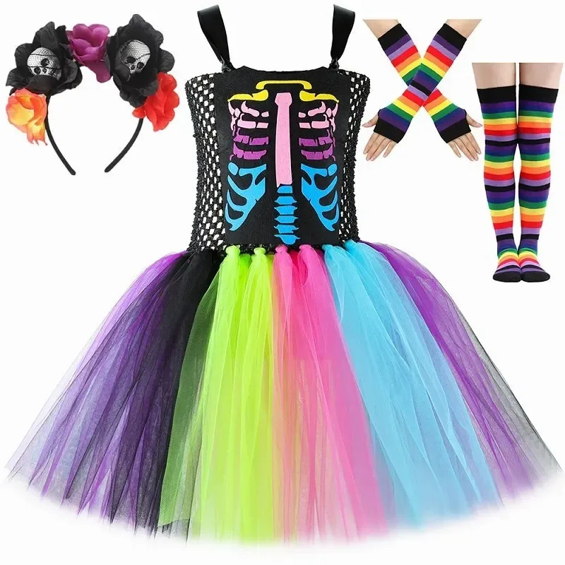 Girls' Colorful Skull Tulle Tutu Dress, Kids' Halloween & Day of the Dead Party Stage Costume, Fun Cartoon Festival Tutu Dress