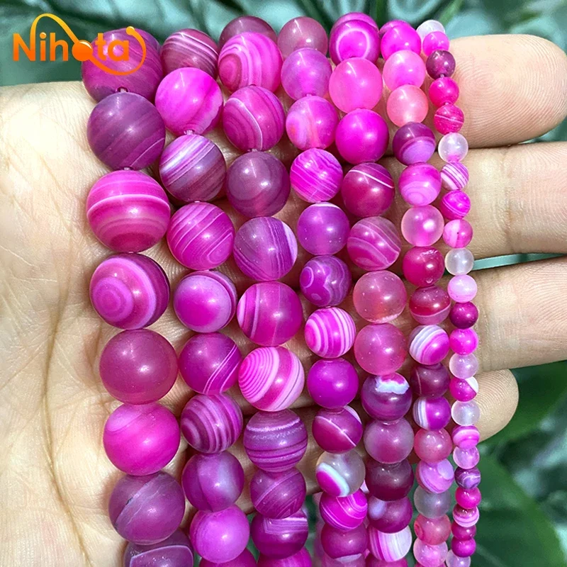 Matte Rose Pink Stripe Agates Round Natural Beads 4/6/8/10/12/14mm for DIY Jewelry Making Ear Studs Handmade Bracelet 15