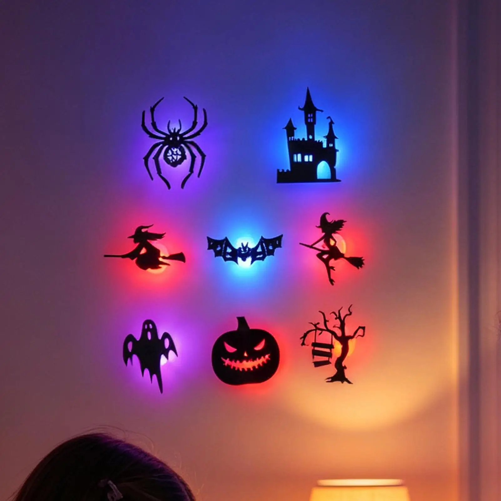 8pcs Halloween Wall Sticker 3D Night Light Bat Pumpkin Spider Witch Castle Ghost LED Wall Decoration 2026 Party Ornaments