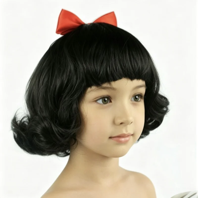 Lovely Girls Snow White Hair Wig Girls Dress Up Wig Princess Cosplay Hair Black Curly Hair Wig with Red Bow Kids Role Play Props - view 6