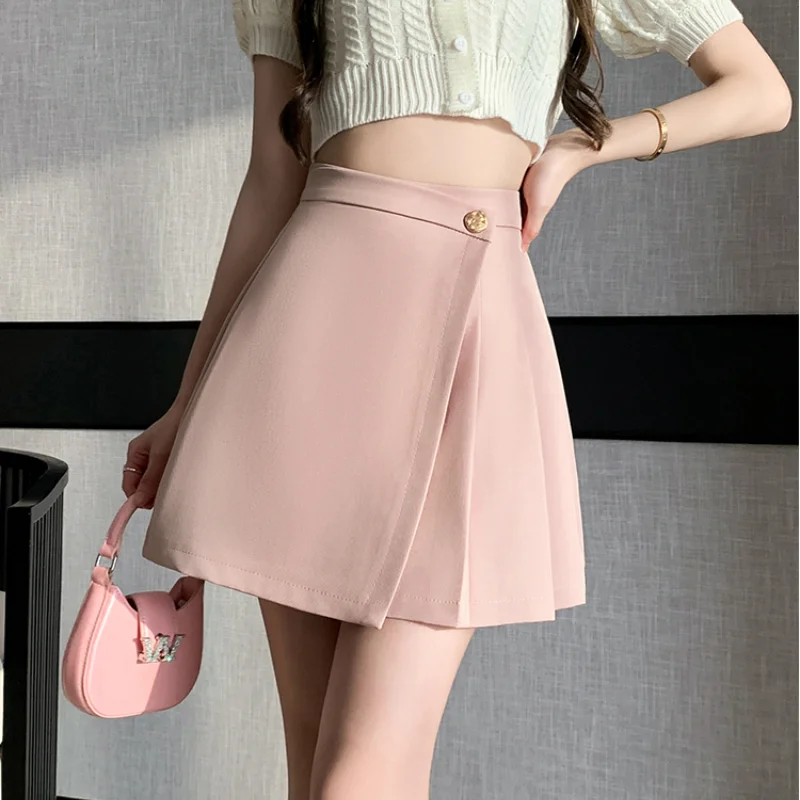 

Korean New High Waist A-line Mini Pleated Skirts Women Spring Summer Fashion Buttons Irregular Short Skirts Woman Casual Skirt