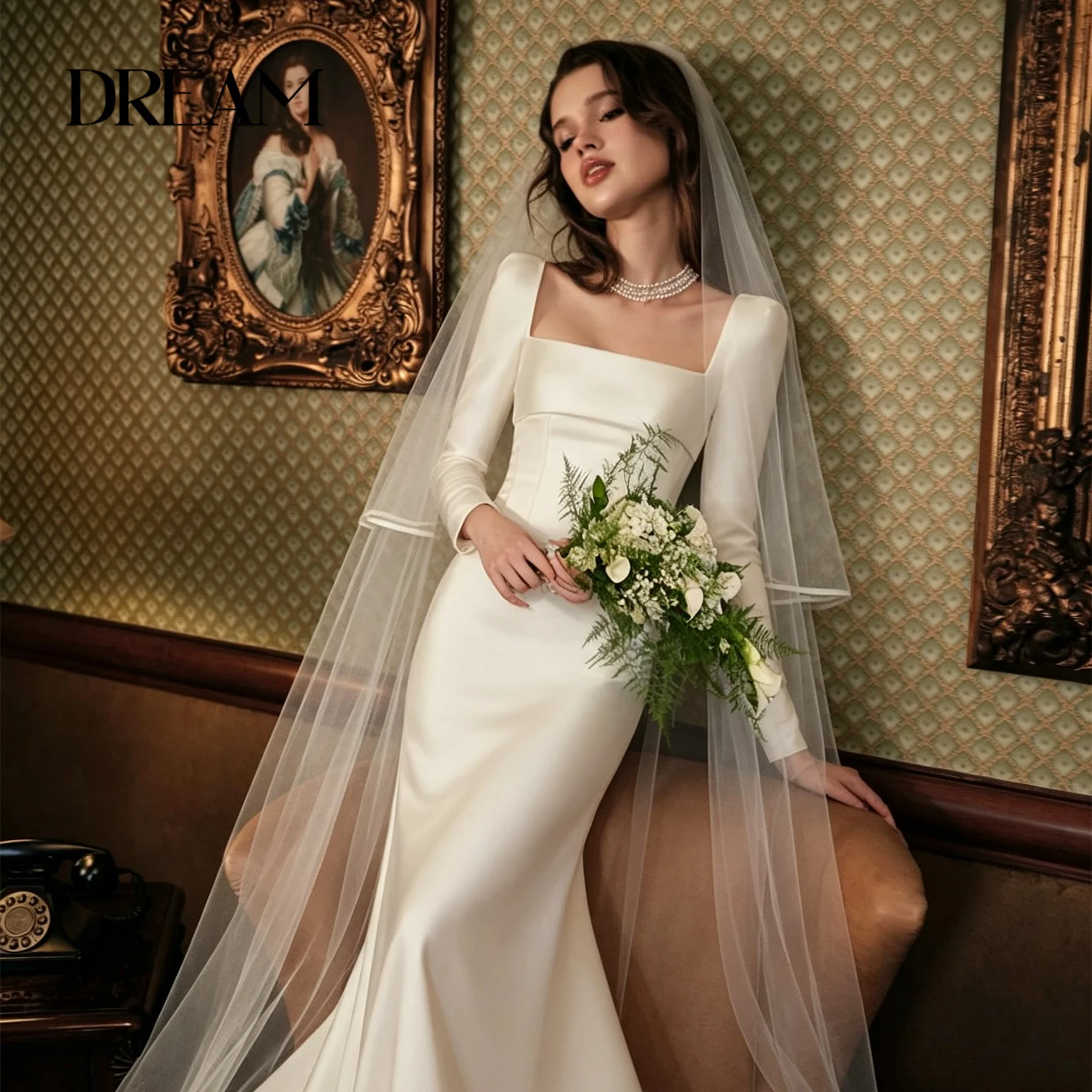 Dream Satin Long Sleeves Square Neck Mermaid Bridal Gown Simple Elegant Vestido De Noiva Custom Made Sweep Train Wedding Gown