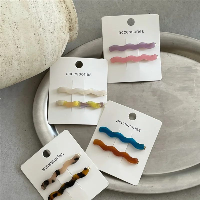 1pair Fashion Korean Acetic Acid Hair Clip  Thin Wavy Shape Acrylic Barrette Simple Solid Color Side Hair Clip Women New Hairpin