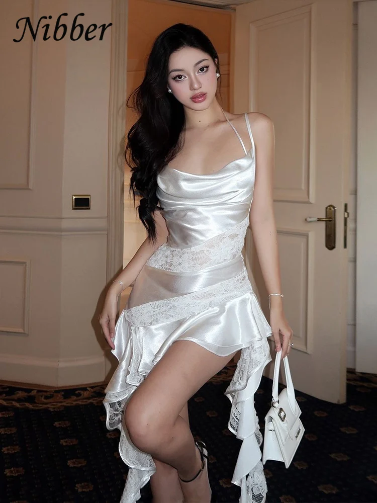 Nibber Onregelmatige Zoom Vrouwen Overgooiers Kant Satijn Patchwork Ruches Lange Kwasten Temperament Party Girly Fashion Mini Bodycon