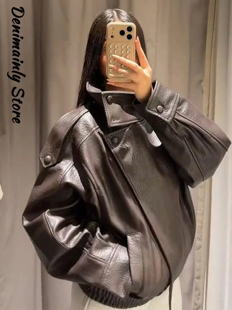 

Черные кожаные куртки с асимметричными пуговицами, женские теплые уличные куртки с лацканами и длинными рукавами, осень-зима 2021, женская плотная верхняя одежда, новинка