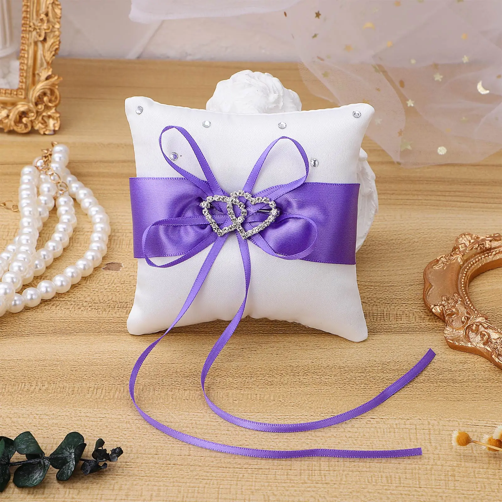 

Wedding Ring Pillow 10x10cm Bridal Accessory Satin Ribbons Rhinestones Double Heart Buckle Ceremony DIY Decor Lightweight