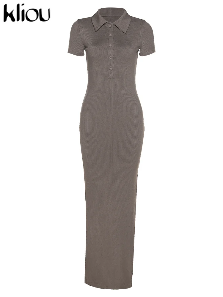 Kliou Elegante Büro Dame Maxi Kleid Frauen Solide Mode drehen-unten Kragen Kurzarm Taste Seite Schlitz Körper-gestaltung Straße Robe – Detail 14