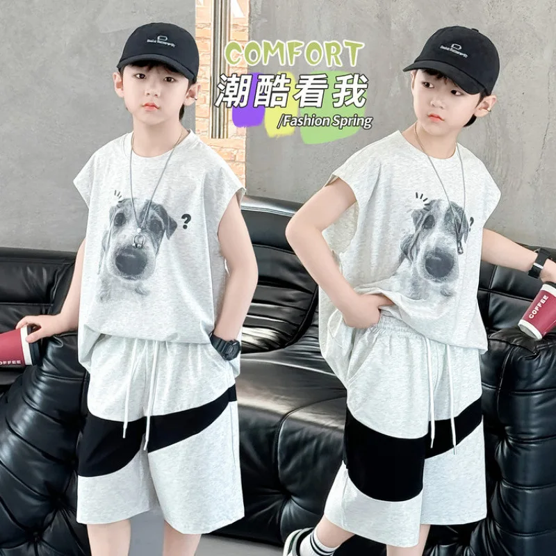 Boys' summer sleeveless vest set for children aged 4-14, thin summer sportswear with puppy print, fashionable and handsome