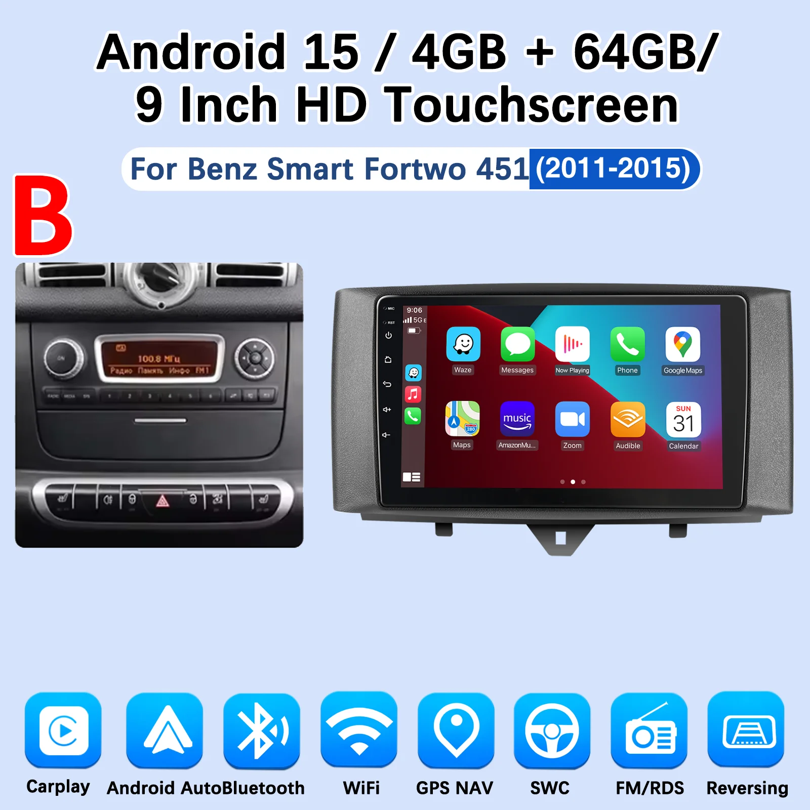 MOPECT 9 Zoll für Mercedes Benz Smart Fortwo 451 2005-2015 Apple CarPlay Android Auto Radio GPS FM WiFi BT AM Multimedia DAB+ DVR