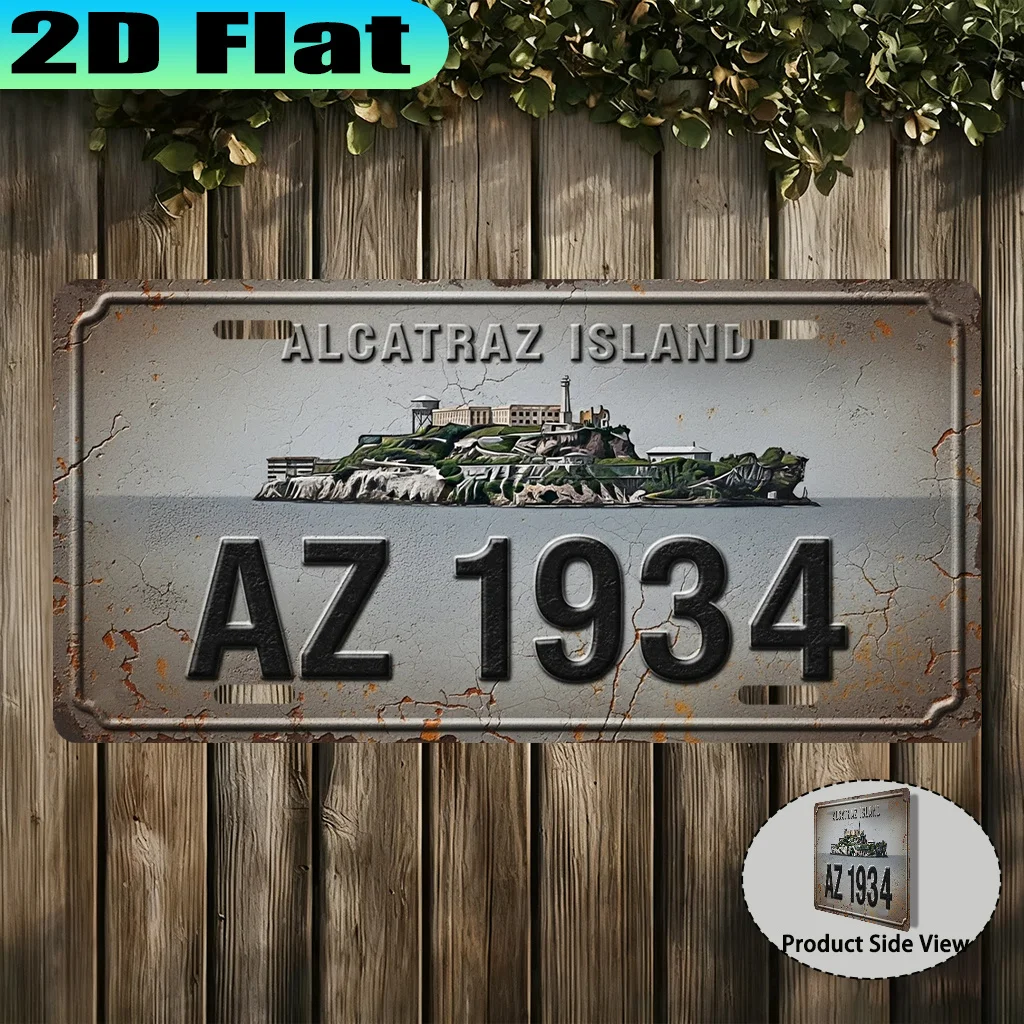 Alcatraz Island AZ 1934 Retro 2D Flat Printing License Plate Style Metal Tin Sign, Historic Prison Island Themed Decorative Alum