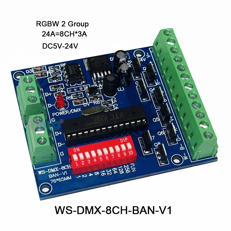 

5 В, 12 В, 24 В, 8 каналов, декодер DMX512, 8-канальная плата контроллера DMX, 2 группы WS-DMX-8CH-BAN-V1, RGBW, светодиодная лента, модуль, диммер