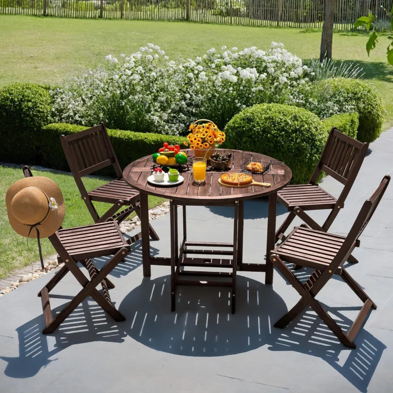 

Deep Brown 5-Piece Acacia Wood Patio Dining Set – 37 Movable Table & 4 Folding Chairs Lawn Garden