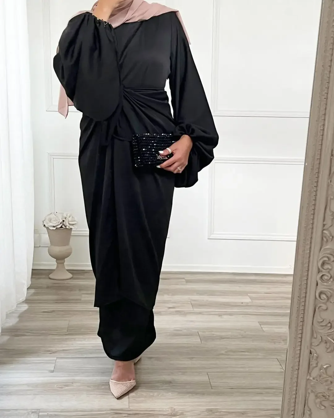 Vestido Abaya de satén sedoso de 2 piezas de Ramadán con falda frontal envolvente vestidos Hijab largos árabes para mujeres musulmanas ropa islámica