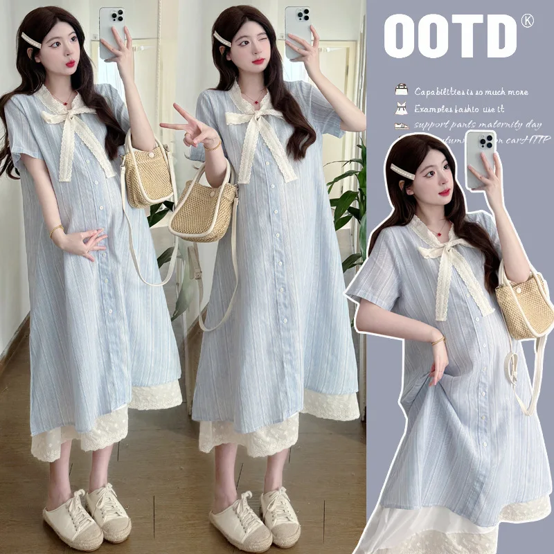 

Youthful Summer Maternity Dress New Single Row Button Lace Trim Bow Fake Two Piece Dress for Fashionable Pregnant Women