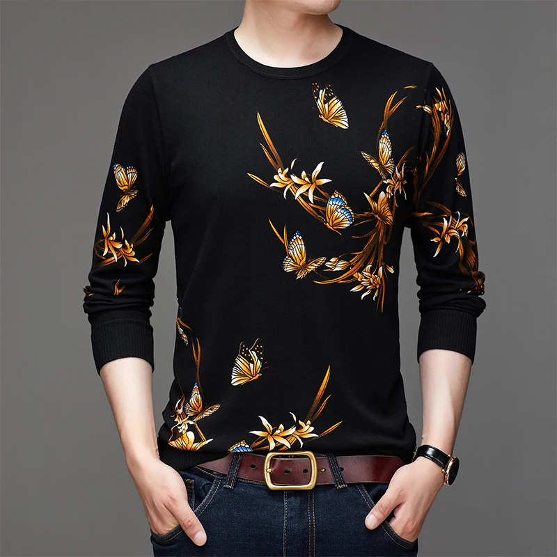 Golden Butterfly 3D Print Casual Sweaters For Men Elastic Knitted Autumn Quality Soft Comfortable Easy Care Pullovers Pull Homme