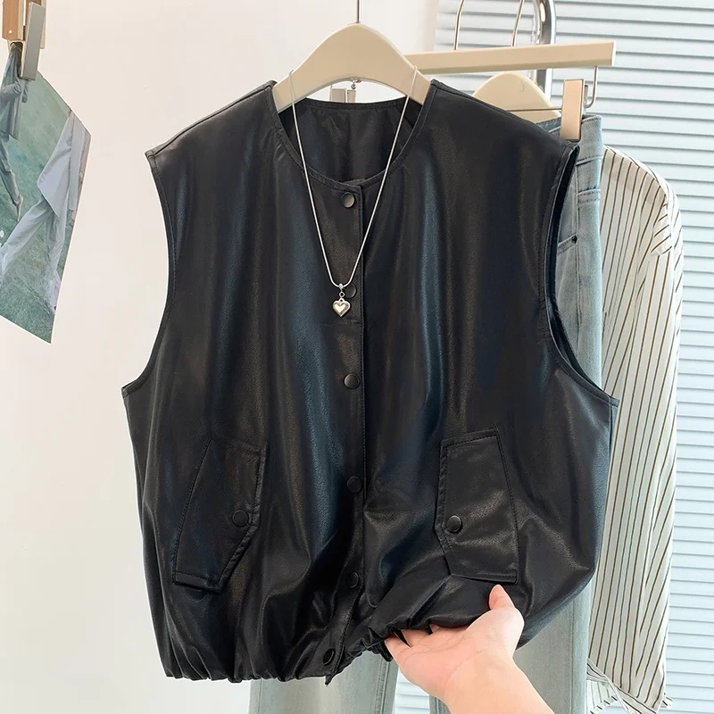 Retro Minimalist round Neck Leather Vest Women's Early Autumn Drawstring Hem Double Pocket Sleeveless Loose Layering Trendy Vest