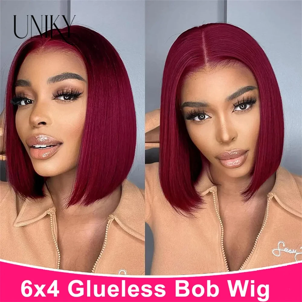 Perruque Bob Lace Wig naturelle sans colle, cheveux lisses, couleur bordeaux 99J, 6x4, pre-plucked, prête à l'emploi