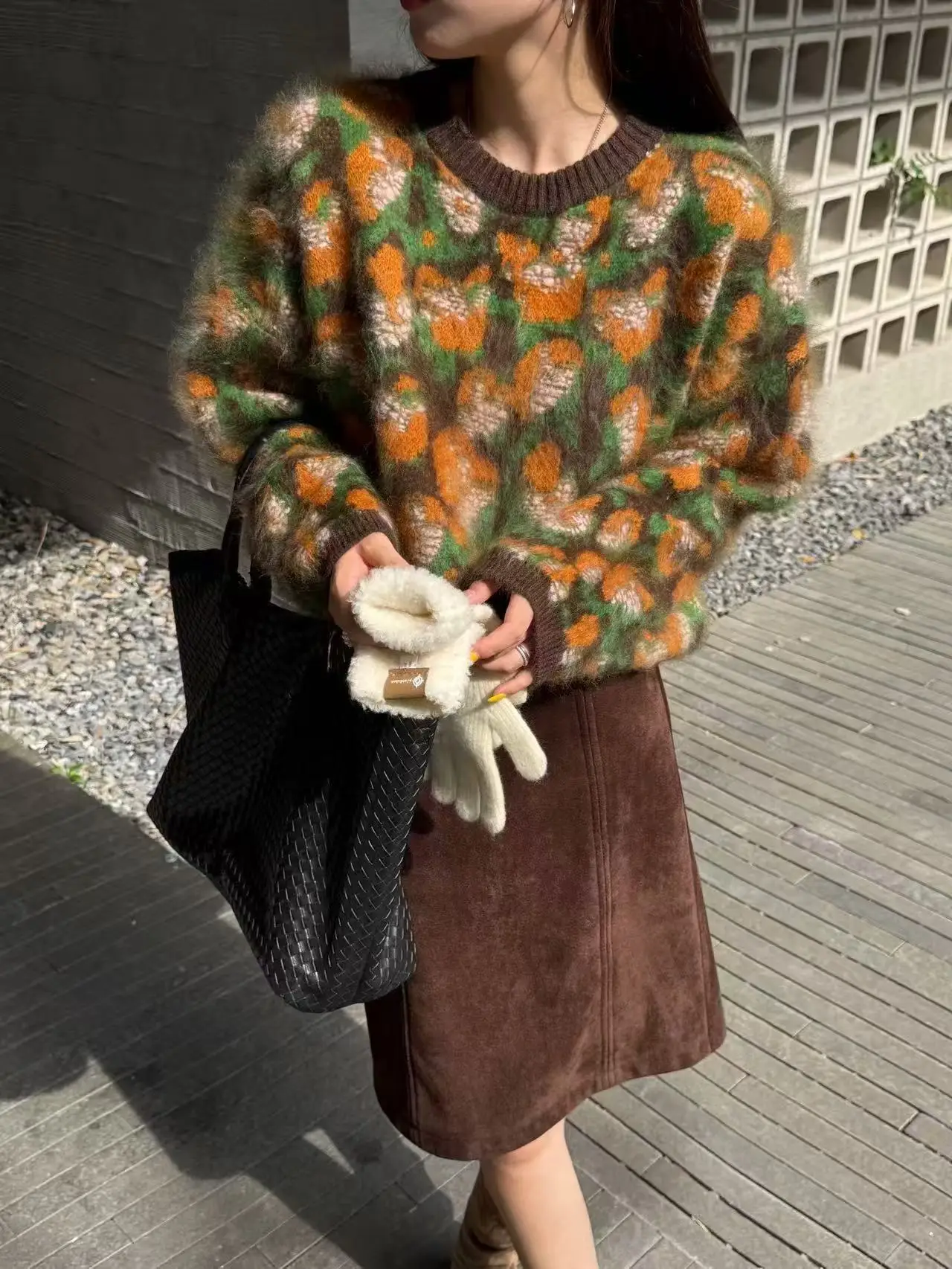 Silk cashmere wool blended sweater brushed thick sweater loose color matching mosaic sweater