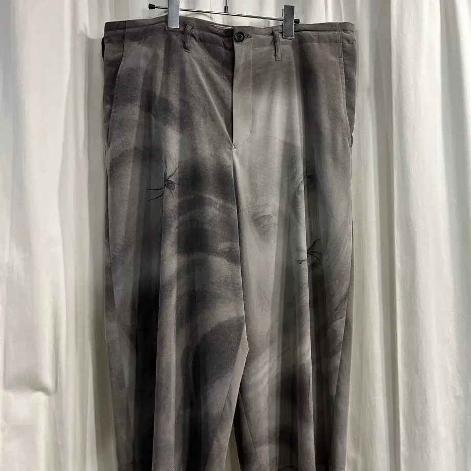 TOP-YAMAMOTO ® Grey Printed Casual Pants - Men's Street Style Cat-Fur Weathered Long Pants