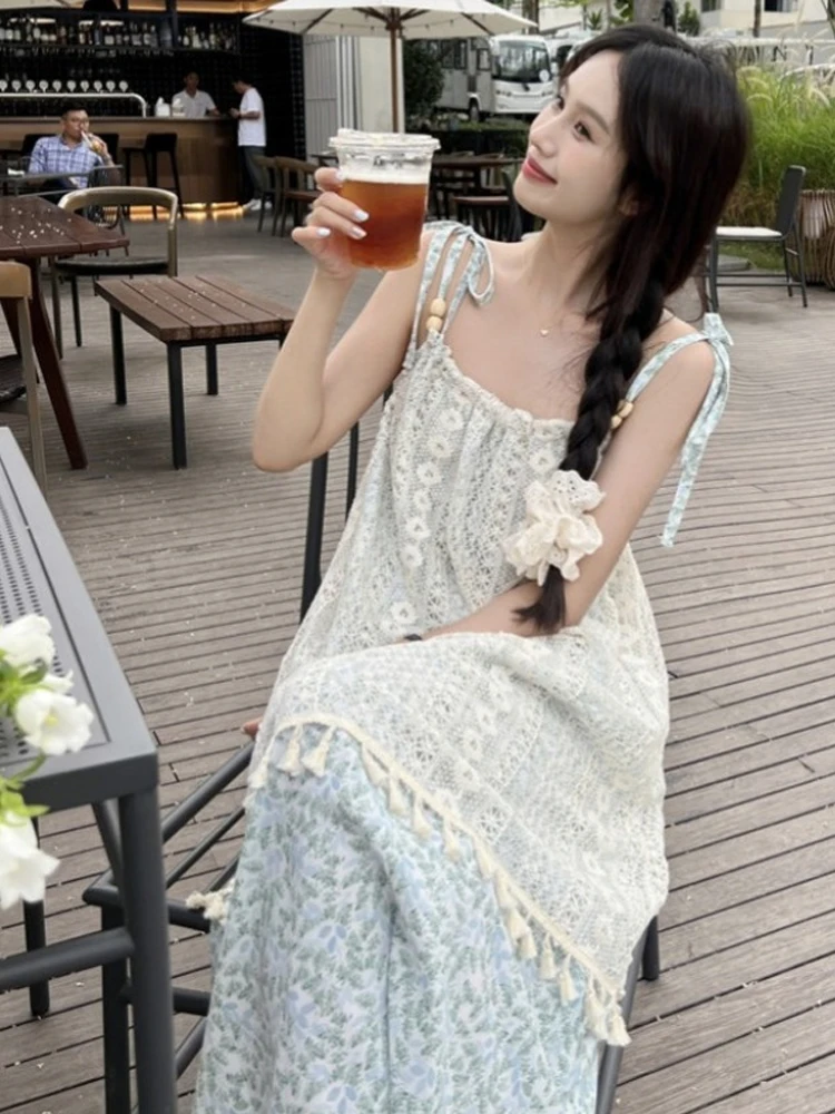 Vestido Floral ter F Chic Retrô com Franjas e Detalhes em Camadas, Saia A-Line Doce para Férias, Moda Fena Prim...