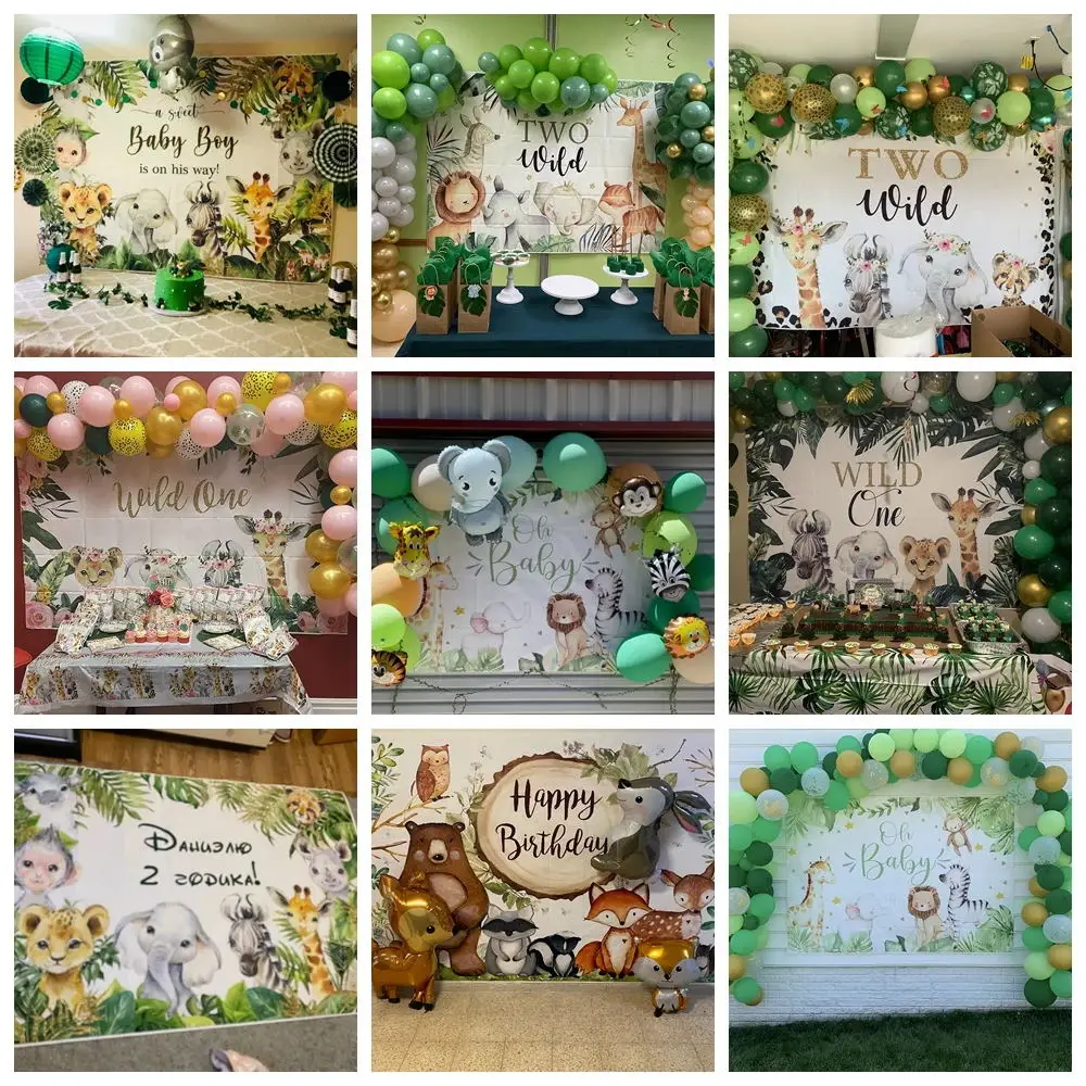 熱帯のジャングルのサファリの背景,最初の誕生日パーティーの写真の背景,野生の森の動物,新生児の出生前のパーティー