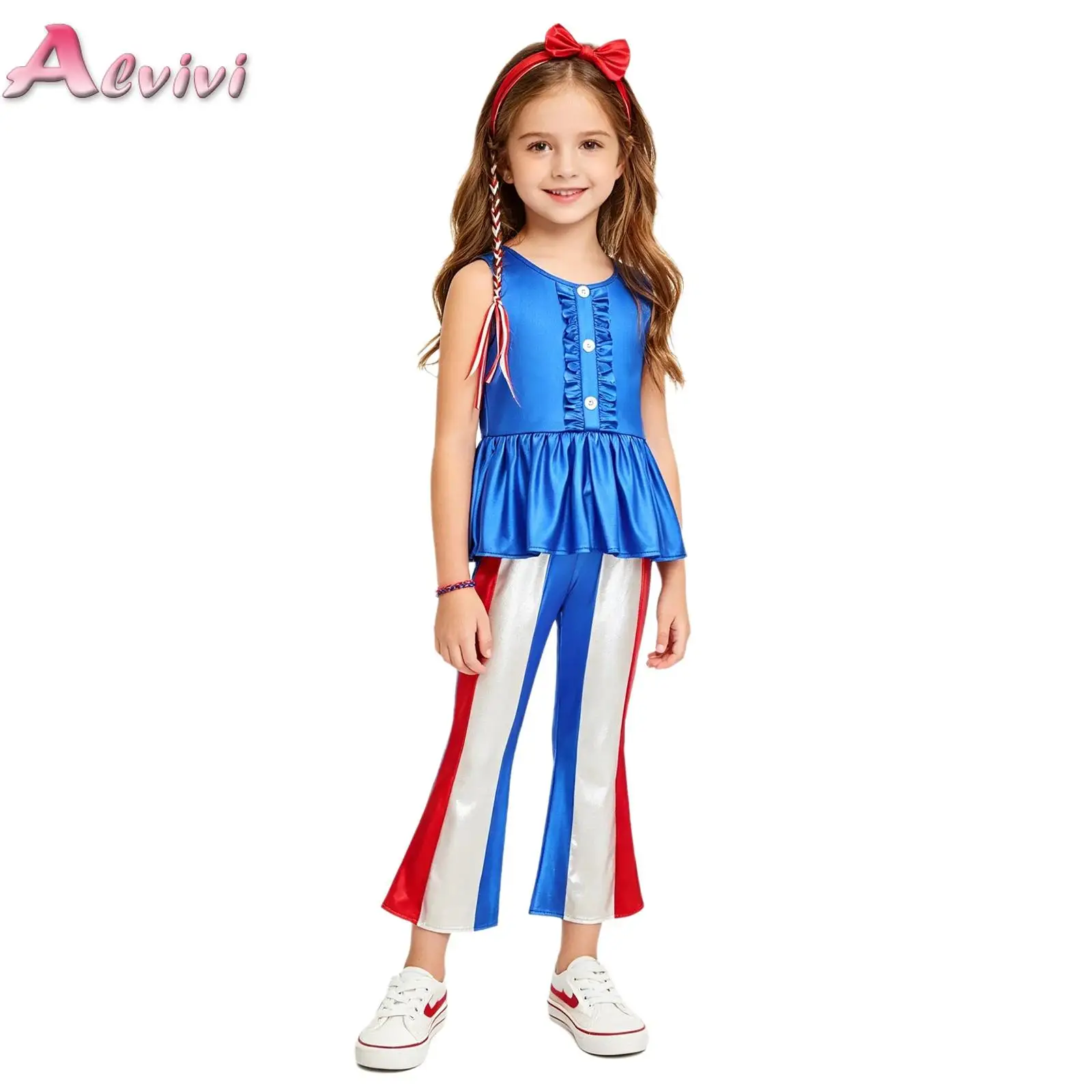 Kids Girls July 4th Independence Day Costume Frilly Trim Tank Top with Headband Metallic Stripe Flared Pants for Festival Party