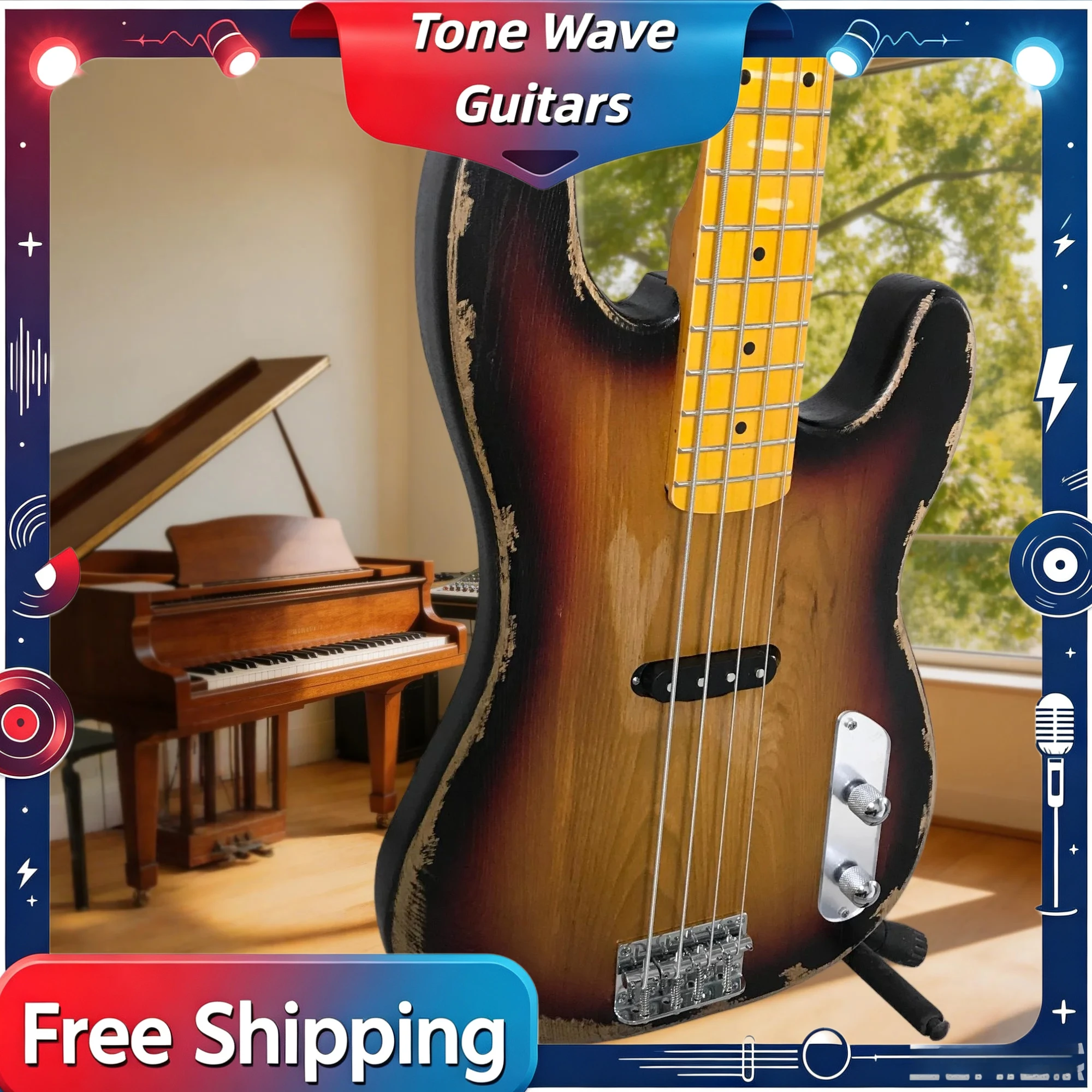 Factory Direct  4-String Bass Electric Guitar Brown Sunburst Single-Coil P Bass Pickup Two Metal Control Knobs Maple Fingerboard