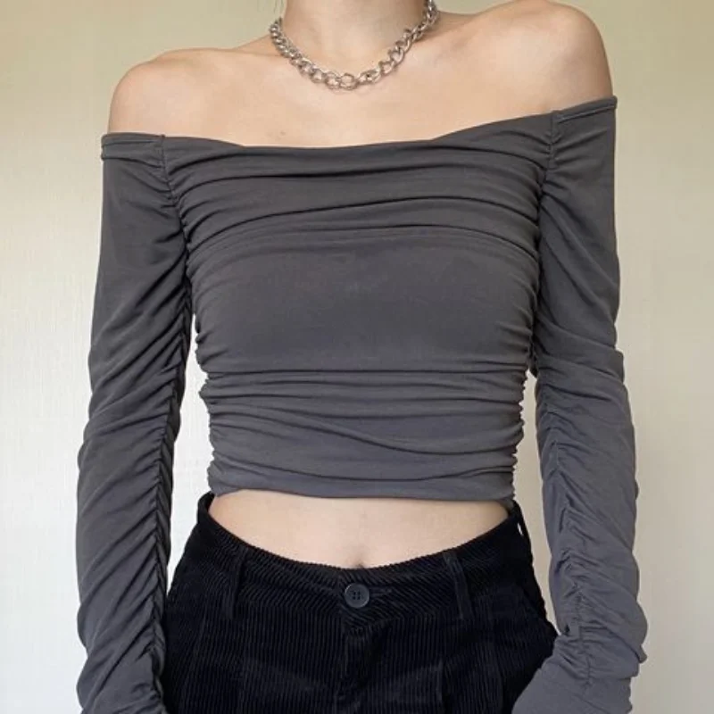 Sexy Slash Neck Slim Short T Shirts Spring Autumn New Long Sleeve Solid All-match Bottoming Tops Fashion Trend Women Clothing