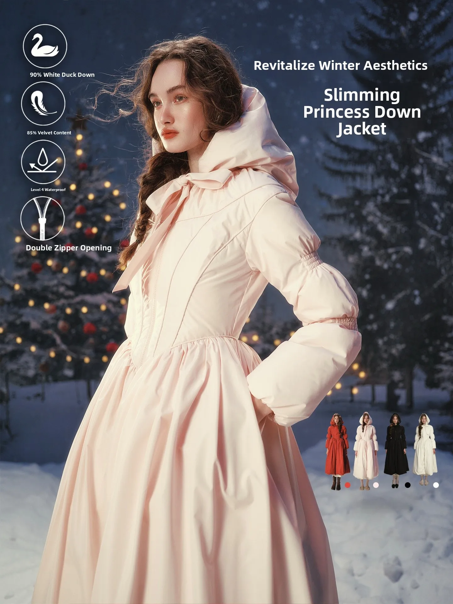 

LaceMade Pink Long down Jacket Waist-Cinching Hat Design New Winter Atmosphere Ladies Fashion Thickened Long Sleeve Zipper