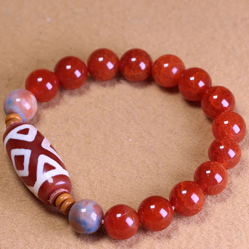 Red Three-Eyed Dzi , 10Mm, With Scale Blood Agate, And Earth Bead, Single-Strand Bracelet