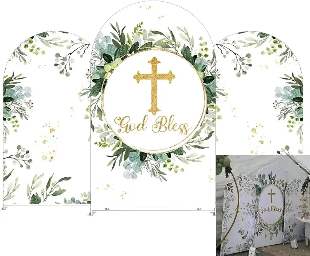 

Baptism Party Golden Cross Arch Backdrop Fabric Cover for First Holy Communion Christening Parties 2-Sided Baby Shower