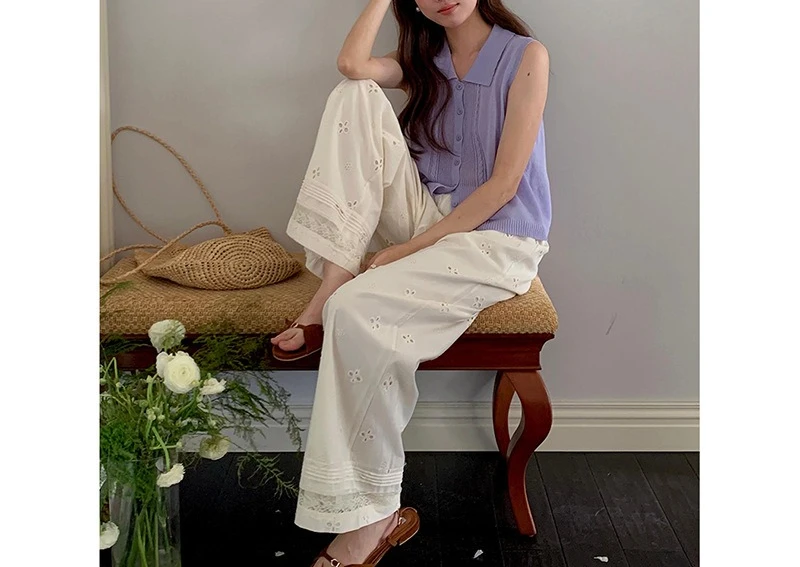 Vintage Embroidery Cut-out Slacks Summer 2025 New Lace Panelled Wide-leg Pants