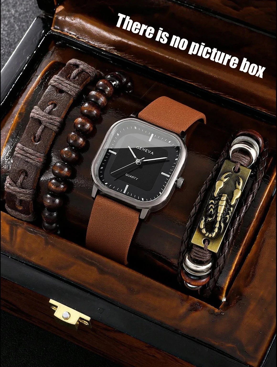 ไม่มีกล่องของขวัญ; ชุดนาฬิกาข้อมือและกำไลข้อมือหนังสำหรับผู้ชายแบบสี่ชิ้น; เหมาะสำหรับเป็นของขวัญในช่วงเทศกาล