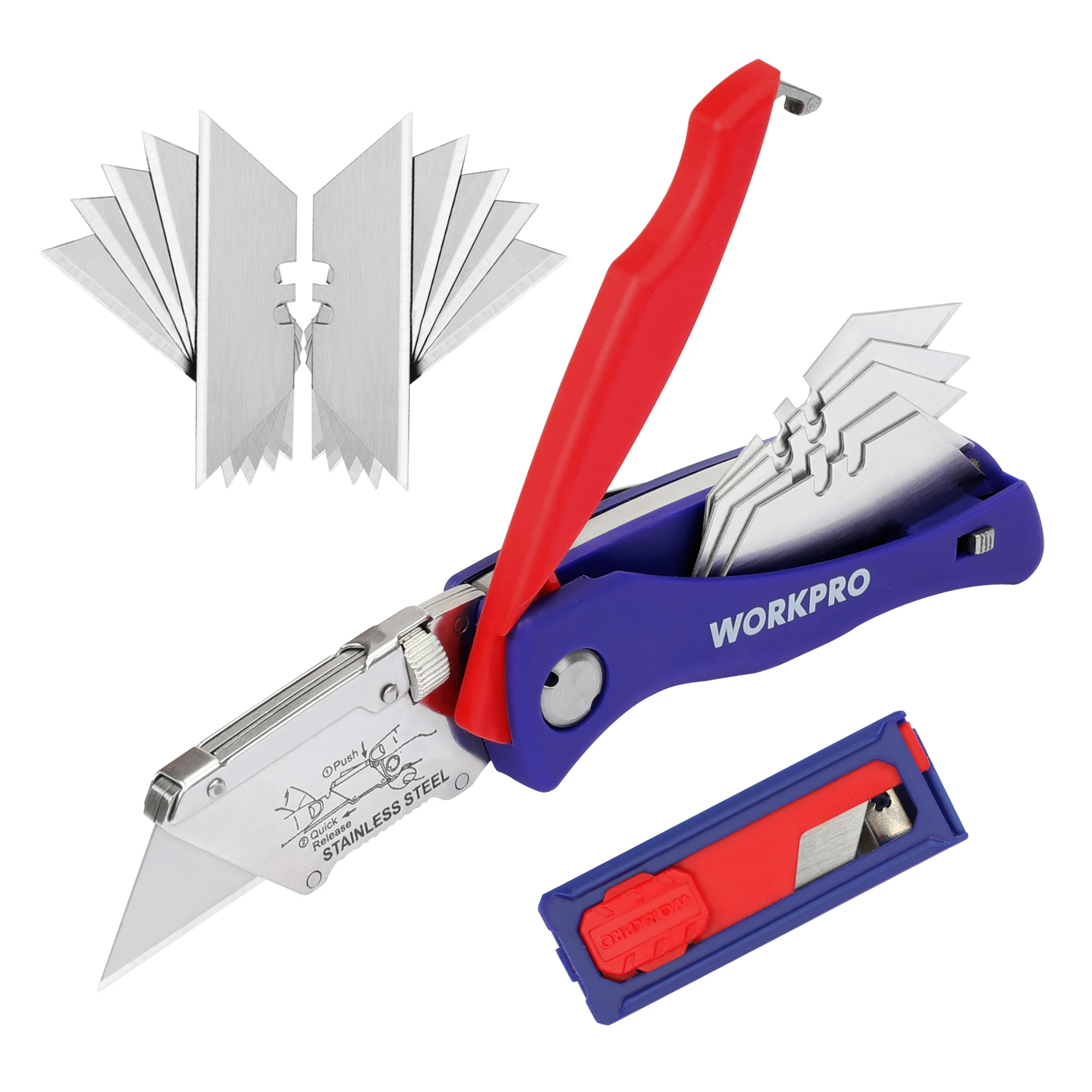 WORKPRO Utility Knife With 10 Blades Heavy Duty Stainless Steel Outdoor pocket Folding Knife