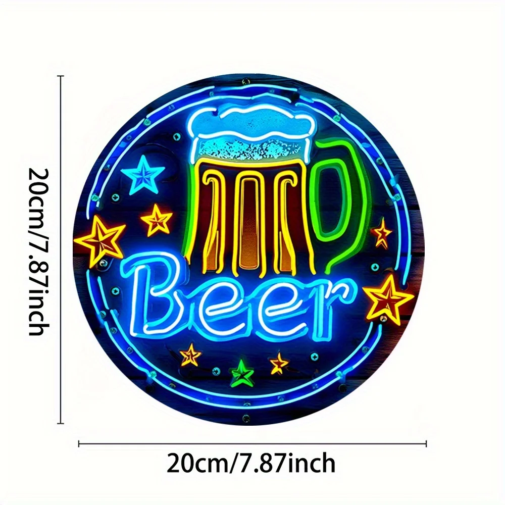 Vibrant Beer Neon Sign -20cm Round Aluminum Wall Decor with Colorful Beer Mug & XINGX Design, Perfect for Home Bar