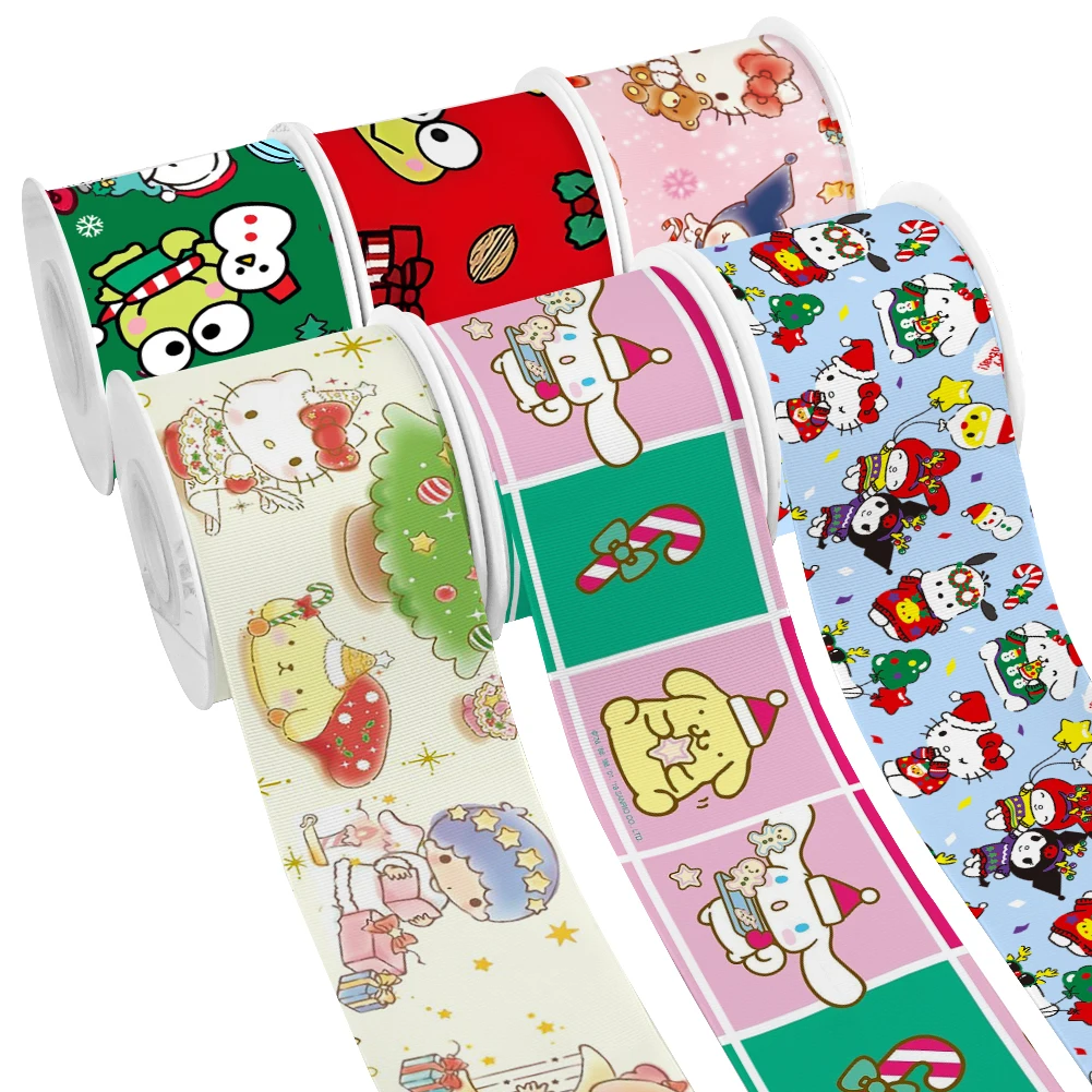 Christmas Japanese Sanrio Characters Cartoon Pattern Printed Grosgrain Satin Ribbon for Gift Wrapping Hair Bow Craft 50 Yards