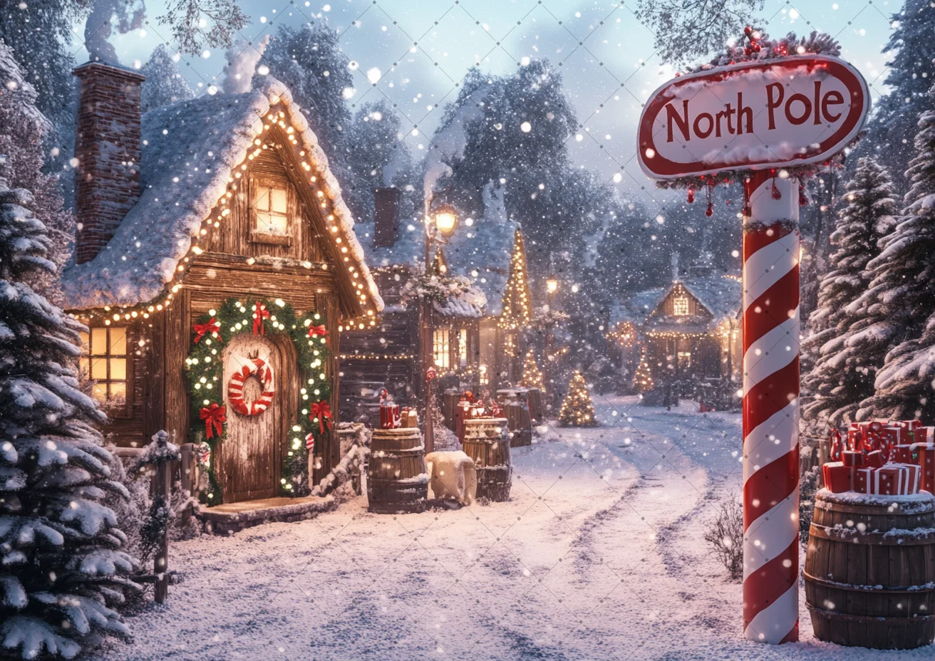 Winter Snow North Pole Town Photo Background Cloth Candy Cane Sign Xmas Cottage Light Decor Kid Holiday Portrait Shooting Prop