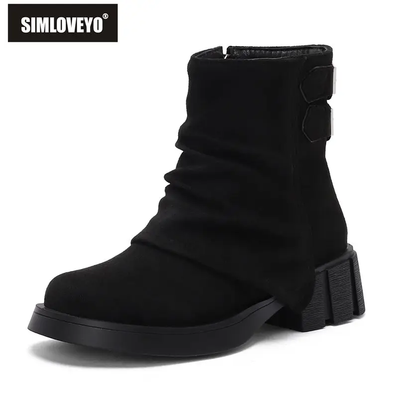 

SIMLOVEYO, новинка 2025, женские полусапоги, круглый носок, массивный каблук, молния, флоковая замшевая пряжка на ремне, расширенные размеры 41–42, зимняя обувь