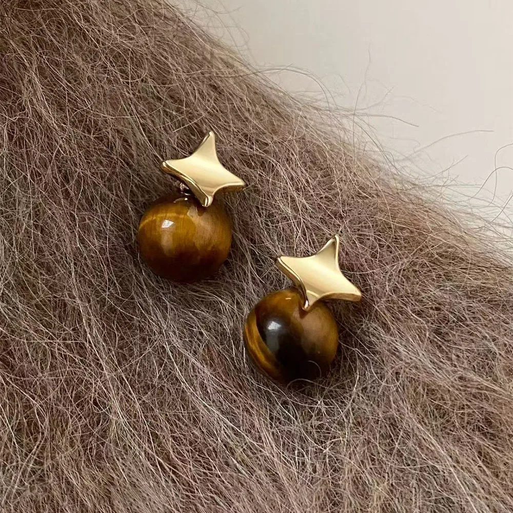 

925 Silver Star Tiger Eye Stone Stud Earrings For Women Party Classic Fine Jewelry Exquisite Light Luxury Accessories